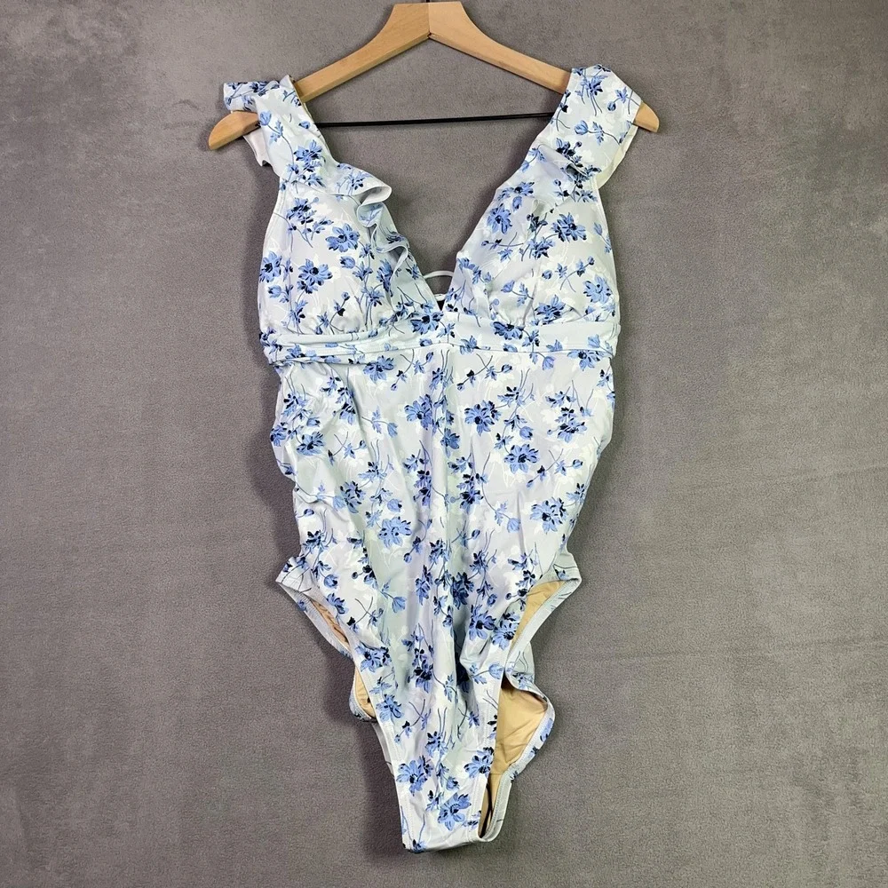 A Pea in the Pod One Piece Swimsuit Womens M Blue Floral Ruffle Lace Up Back NWT